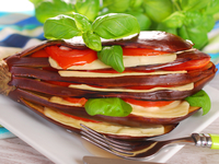 Баклажановый веер с помидорами и сыром